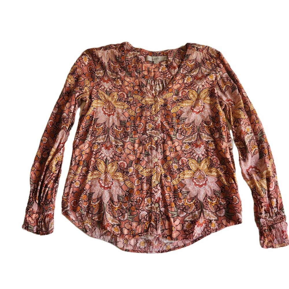 LOFT Blouse Womens Sz XS Multi Floral Ruffle Elastic Sleeve V Neck Lightweight